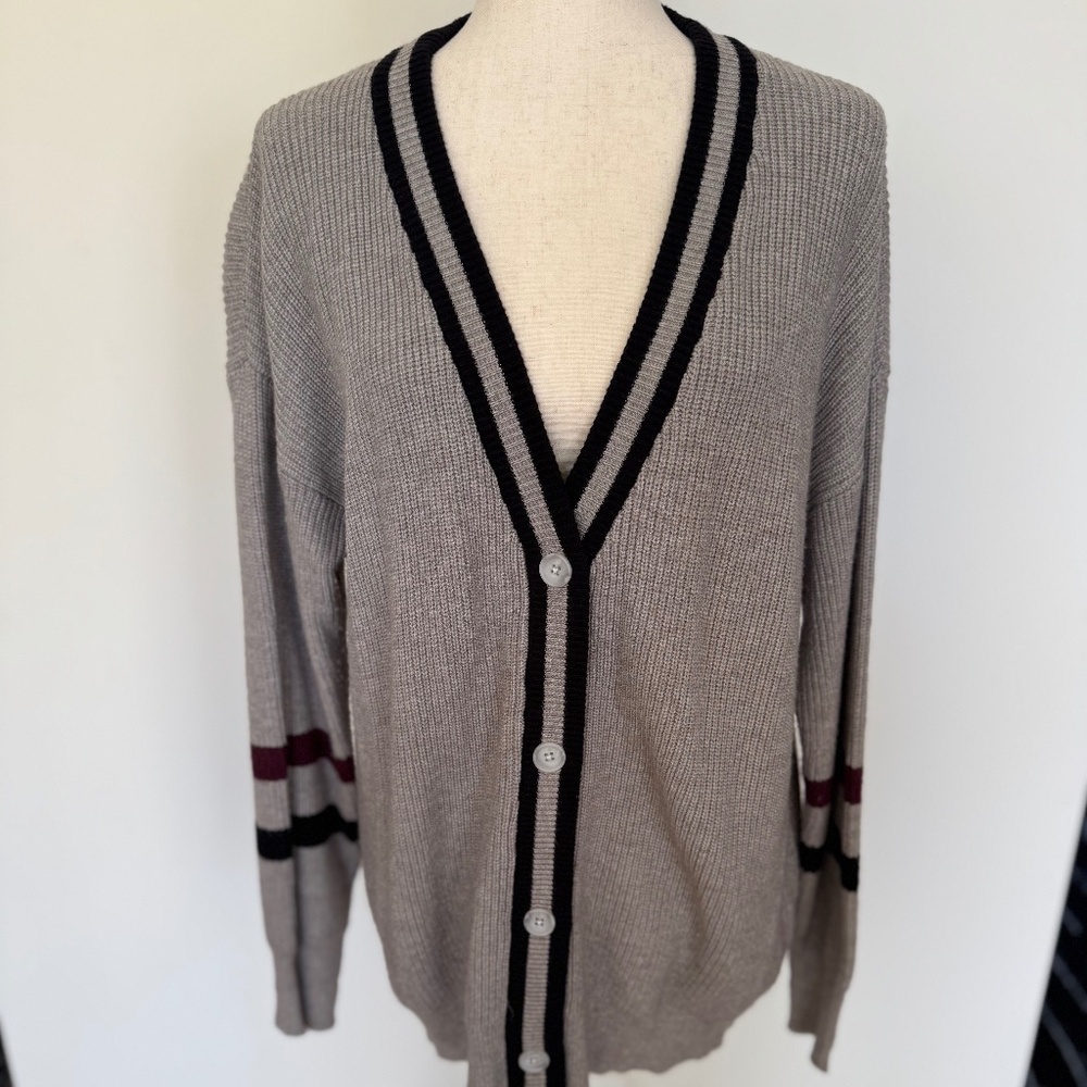 Evereve Varsity Cardigan Sweater Beige/Taupe/Tan/Gray Size Large
